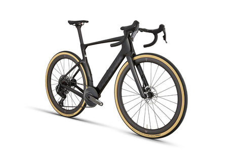 Angled view of Cervelo Aspero-5 SRAM Force AXS 1 Gravel Bike in black, highlighting carbon frame and SRAM Force AXS 1x drivetrain.