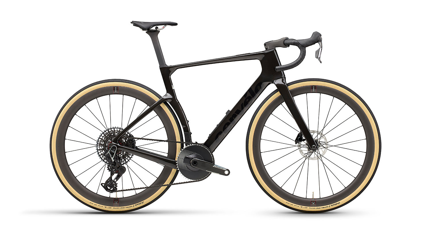Cervelo Aspero-5 SRAM Force AXS 1 Gravel Bike in black with tan wall tires, showcasing aerodynamic frame design for high-speed gravel racing.