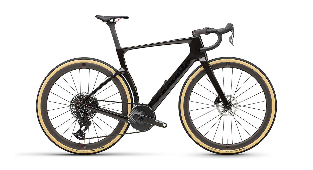 Cervelo Aspero-5 SRAM Force AXS 1 Gravel Bike in black with tan wall tires, showcasing aerodynamic frame design for high-speed gravel racing.