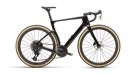Cervelo Aspero-5 SRAM Force AXS 1 Gravel Bike in black with tan wall tires, showcasing aerodynamic frame design for high-speed gravel racing.
