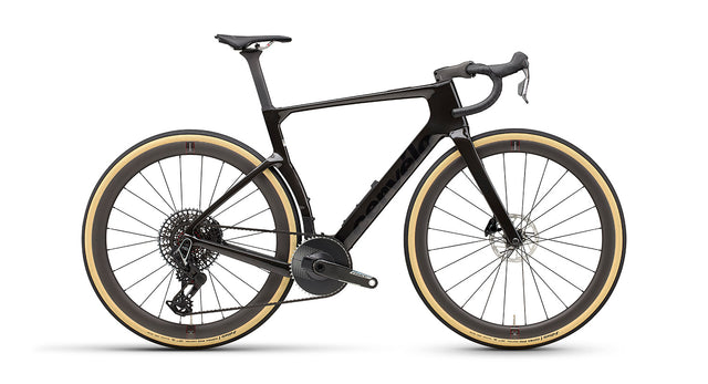 Cervelo Aspero-5 SRAM Force AXS 1 Gravel Bike in black with tan wall tires, showcasing aerodynamic frame design for high-speed gravel racing.