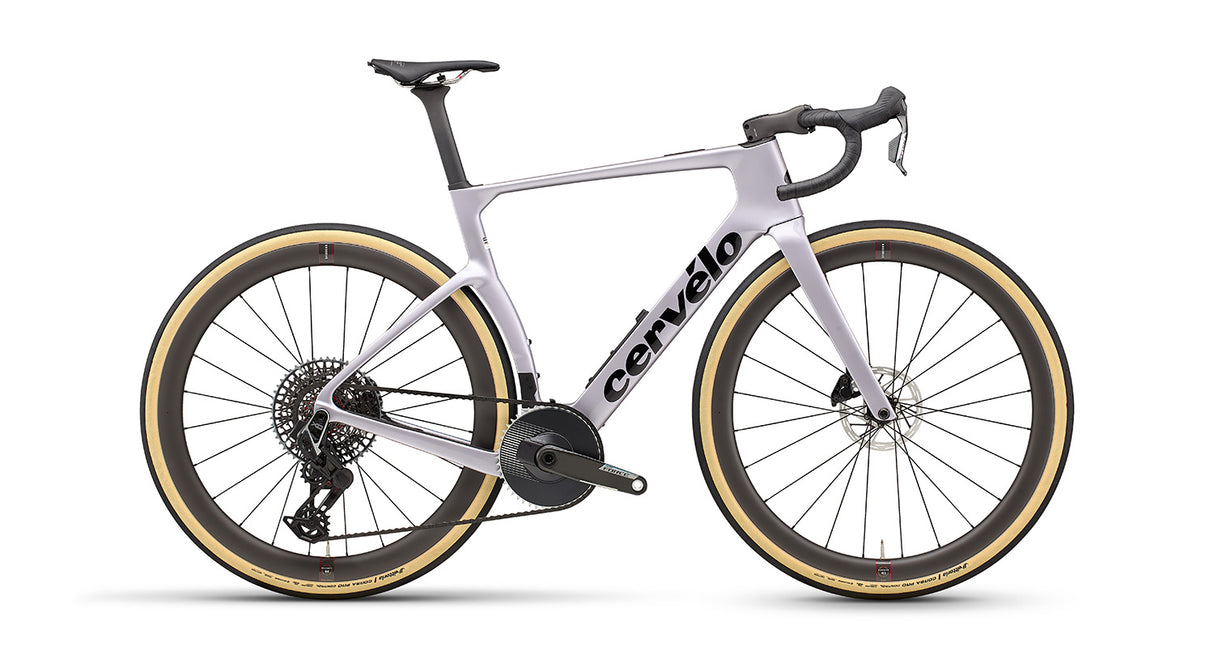 Cervelo Aspero-5 SRAM Force AXS 1 Gravel Bike in white with bold branding, designed for top-tier gravel performance and aerodynamics.