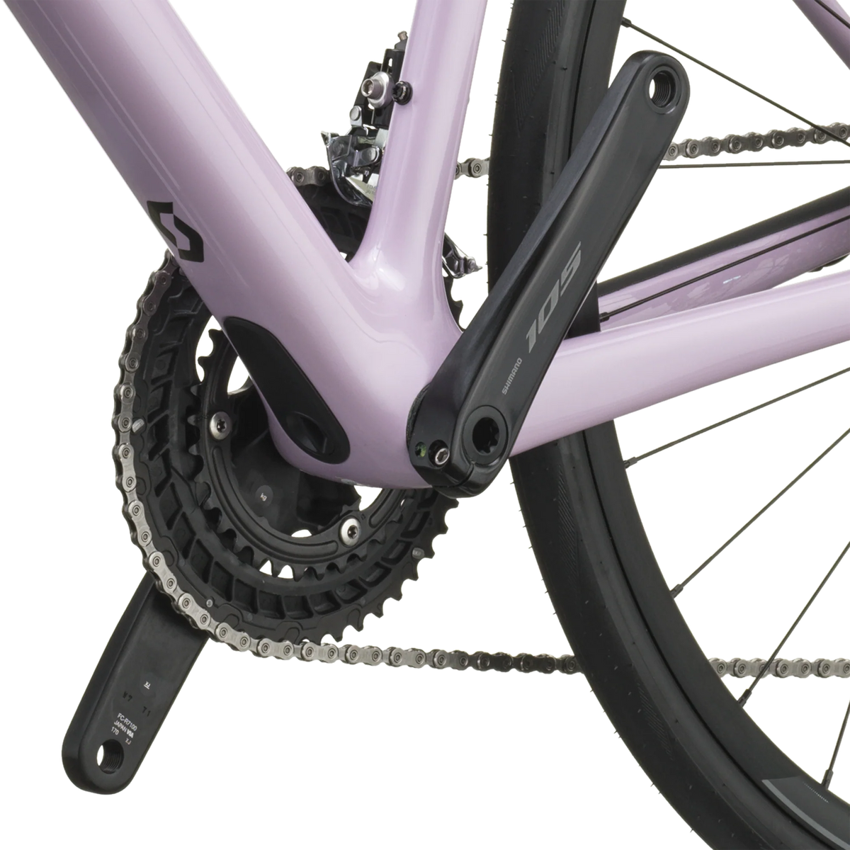 Shimano 105 chainset and bottom bracket on the mallow pink Scott Addict 50.