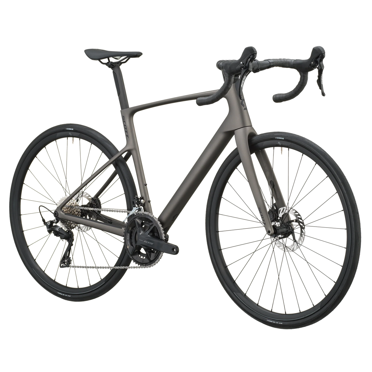 Tungsten grey Scott Addict 50 road bike, drive-side profile with Shimano 105 groupset and disc brakes.