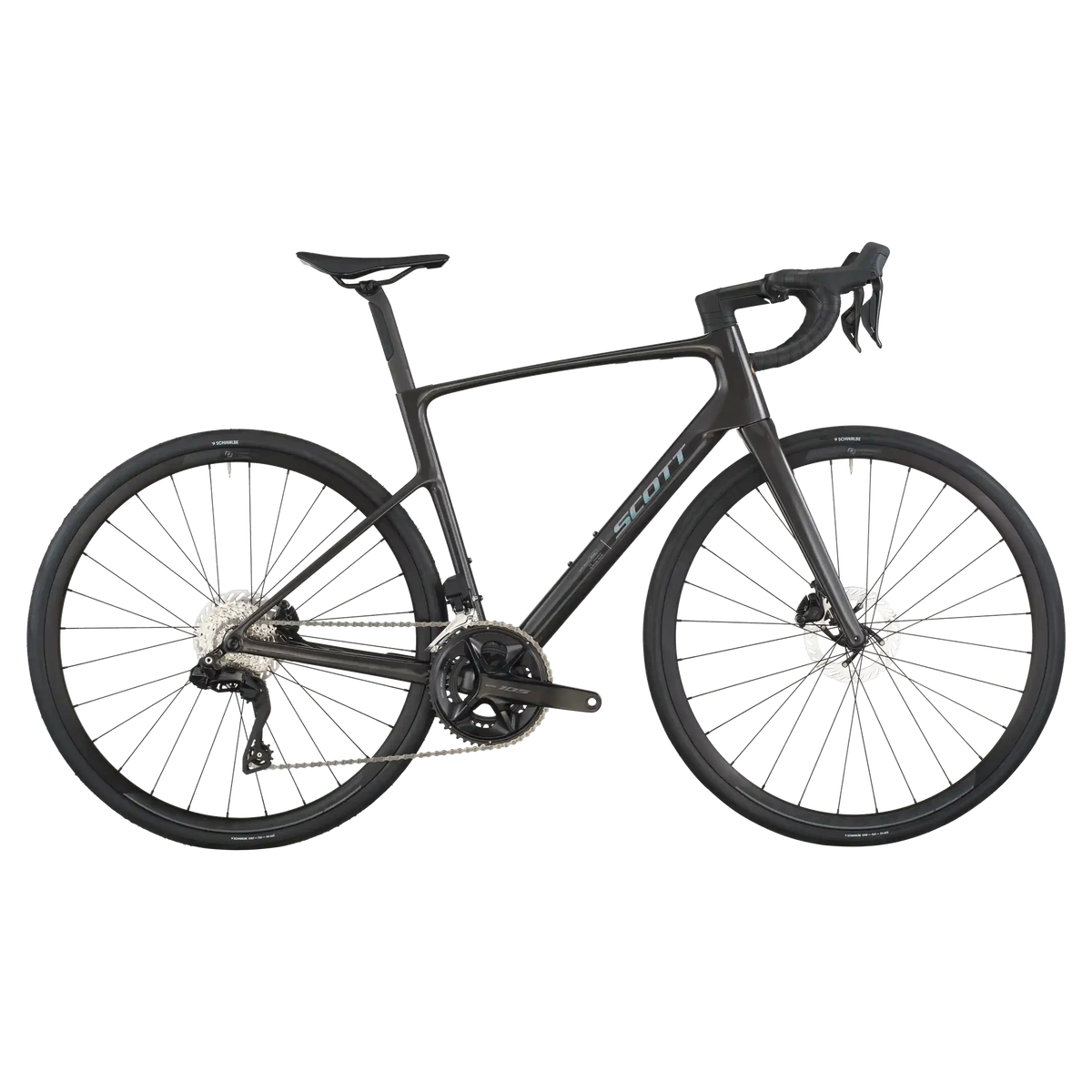 Carbon black Scott Addict 40 road bike, drive-side profile with Shimano 105 groupset and disc brakes.