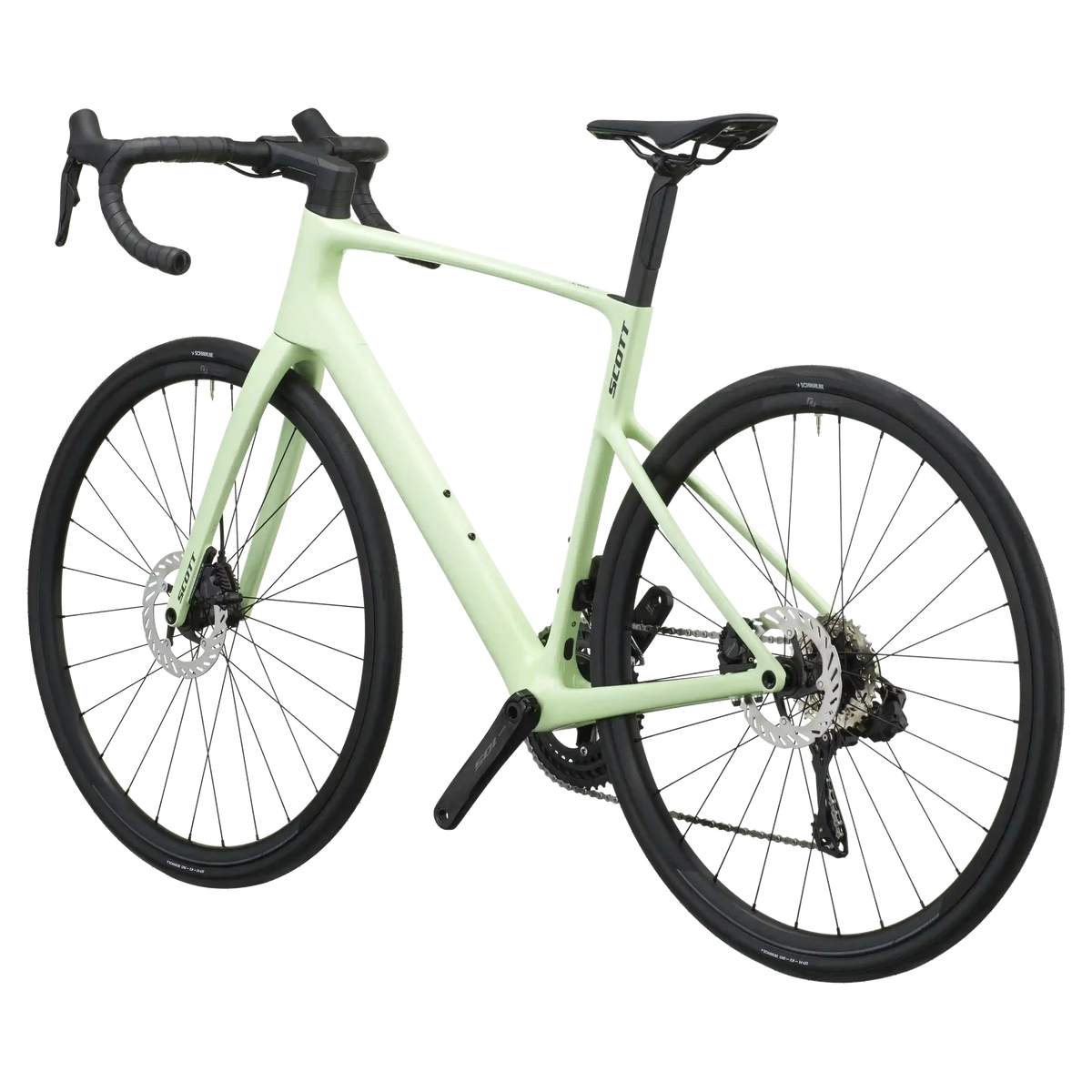 Cream green Scott Addict 40 road bike from a rear three-quarter angle showing the dropped seat stays and disc rotors.