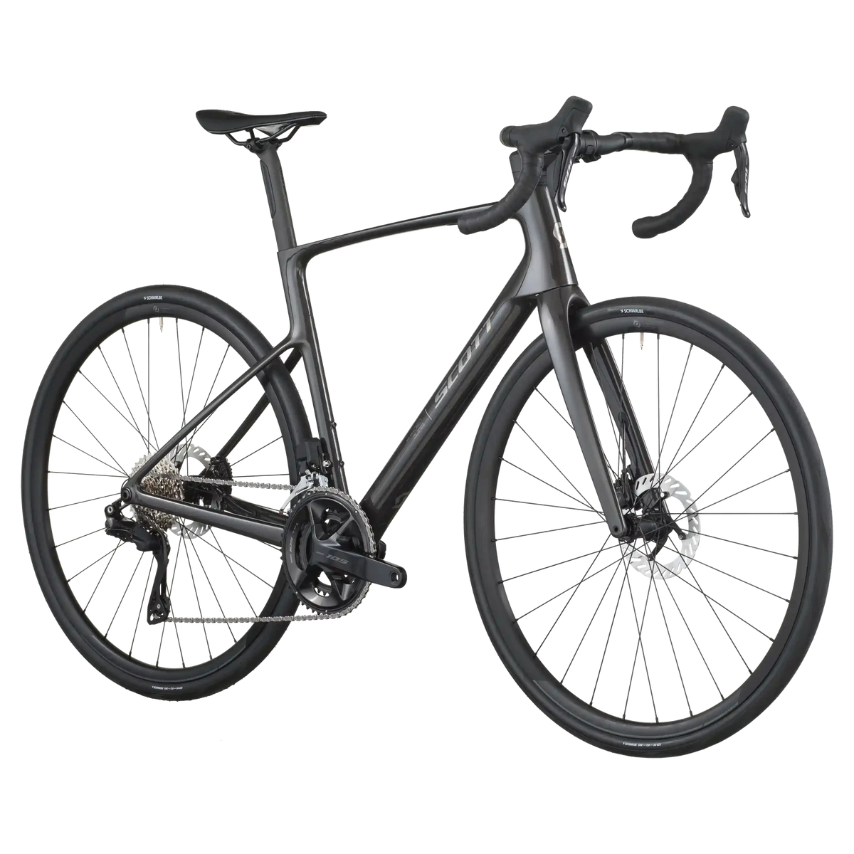 Carbon black Scott Addict 40 road bike from a front three-quarter angle showing the aero head tube and drop bars.