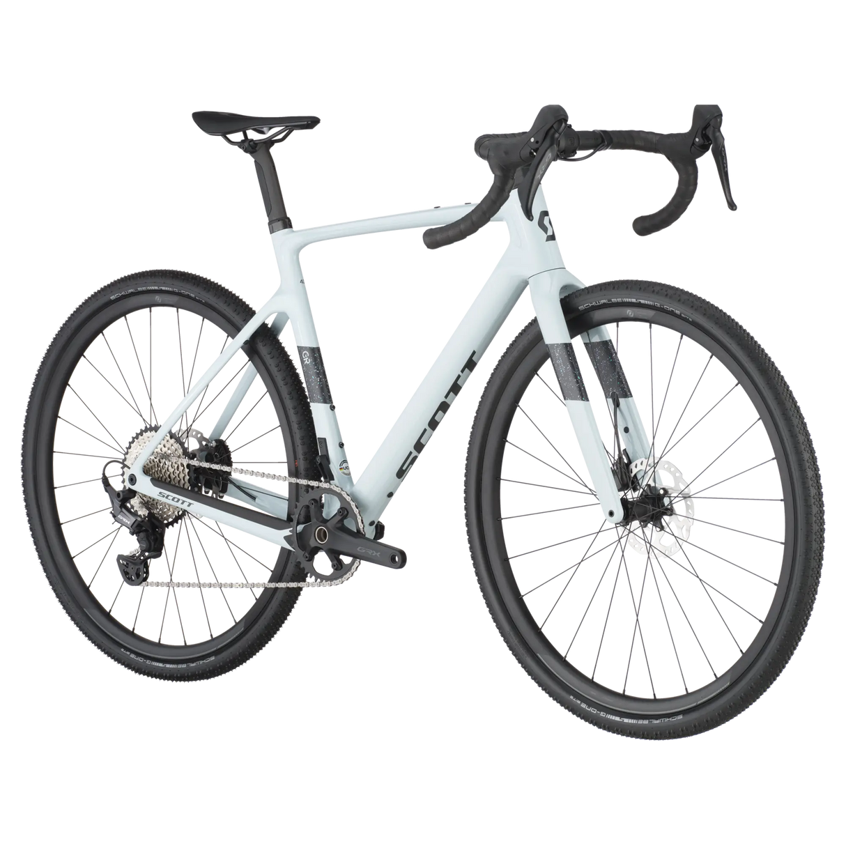 Scott Addict Gravel 40 light blue gravel bike with durable tires, aerodynamic frame, and Shimano drivetrain for optimal off-road performance.