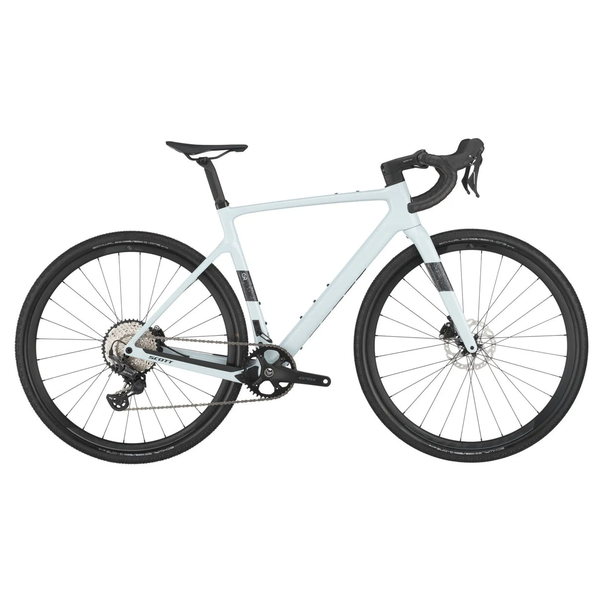 Scott Addict Gravel 40 high-performance gravel bike in light blue with a carbon frame, drop handlebars, and disc brakes for versatile cycling.