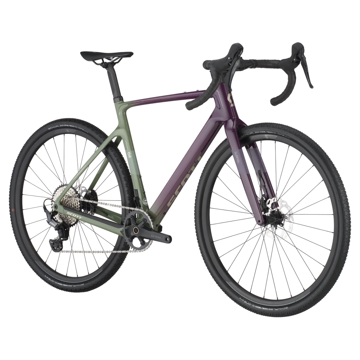 Scott Addict Gravel 40 gravel bike in a striking green-to-purple gradient, designed for endurance riding with a lightweight carbon frame.