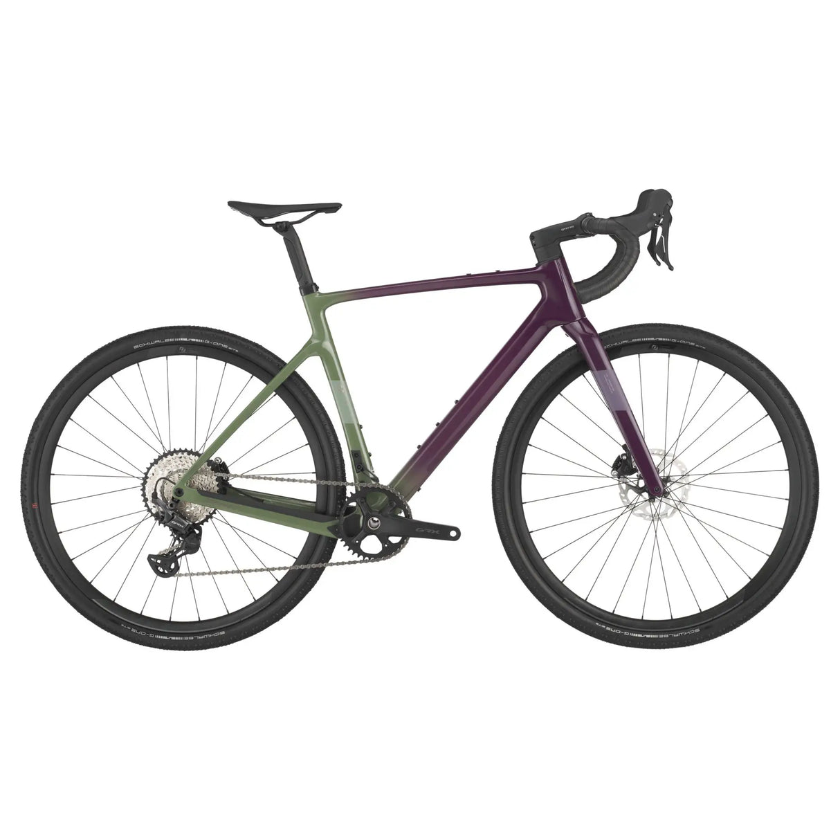 Scott Addict Gravel 40 green and purple gradient gravel bike featuring disc brakes, drop handlebars, and a Shimano drivetrain for rugged terrain.