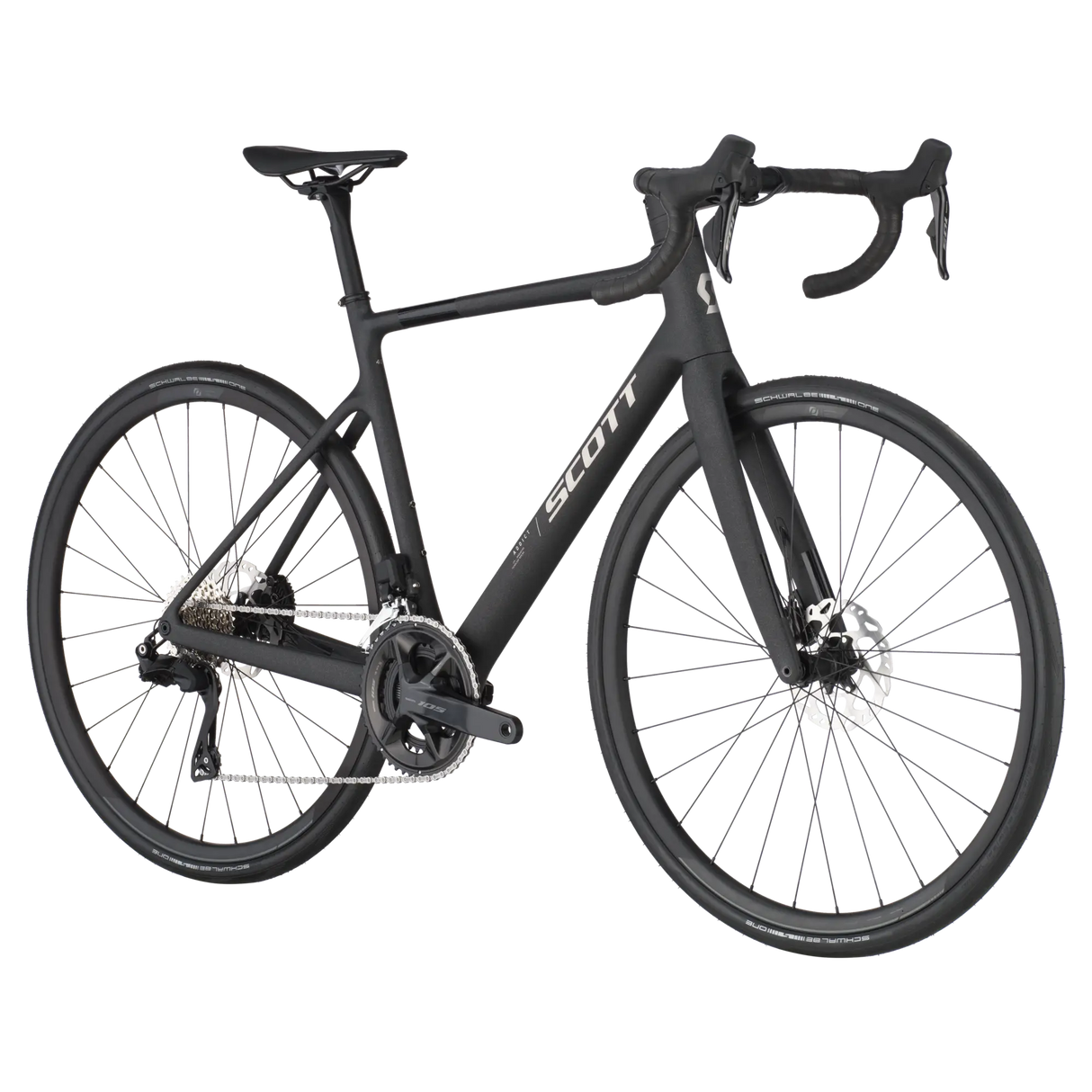 Side-angle view of the Scott Addict 40 Road Bike in matte black, showcasing its aerodynamic design, carbon frame, and precision drivetrain.