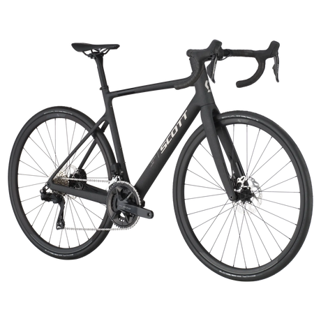 Side-angle view of the Scott Addict 40 Road Bike in matte black, showcasing its aerodynamic design, carbon frame, and precision drivetrain.