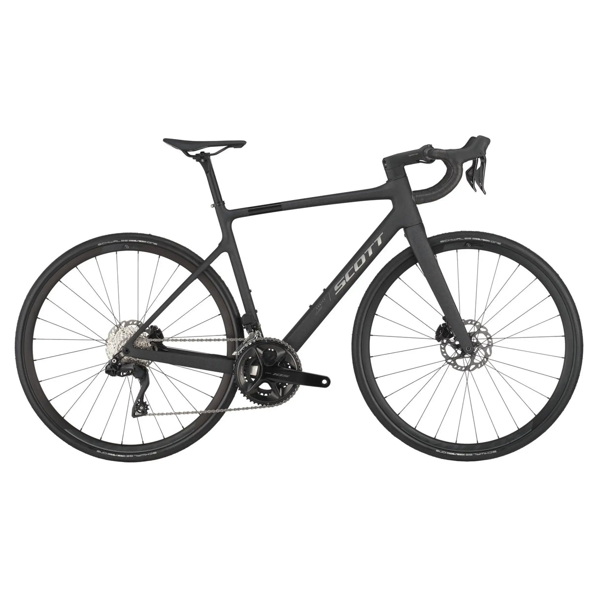 Scott Addict 40 Road Bike in matte black, featuring a lightweight carbon frame, Shimano components, and disc brakes for high-performance cycling.