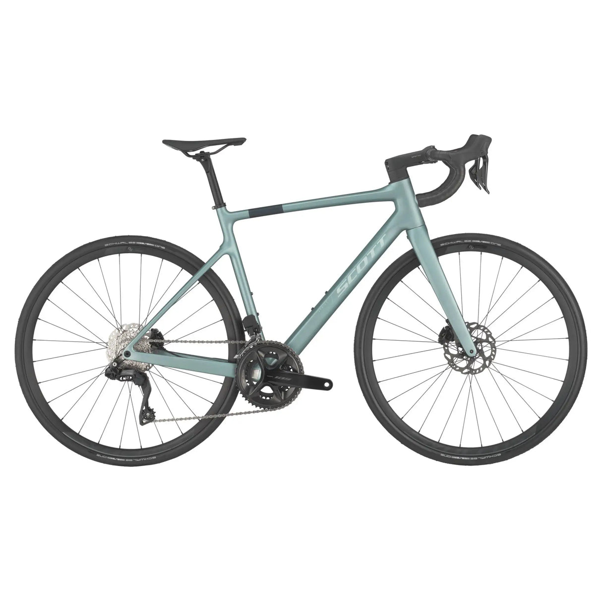 Scott Addict 40 Road Bike in metallic green, designed with a lightweight carbon frame, Shimano drivetrain, and disc brakes for superior road performance.