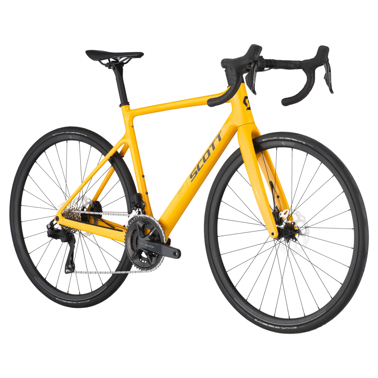 Side-angle view of the Scott Addict 40 Road Bike in yellow, showcasing its sleek design, carbon frame, and high-performance Shimano drivetrain.