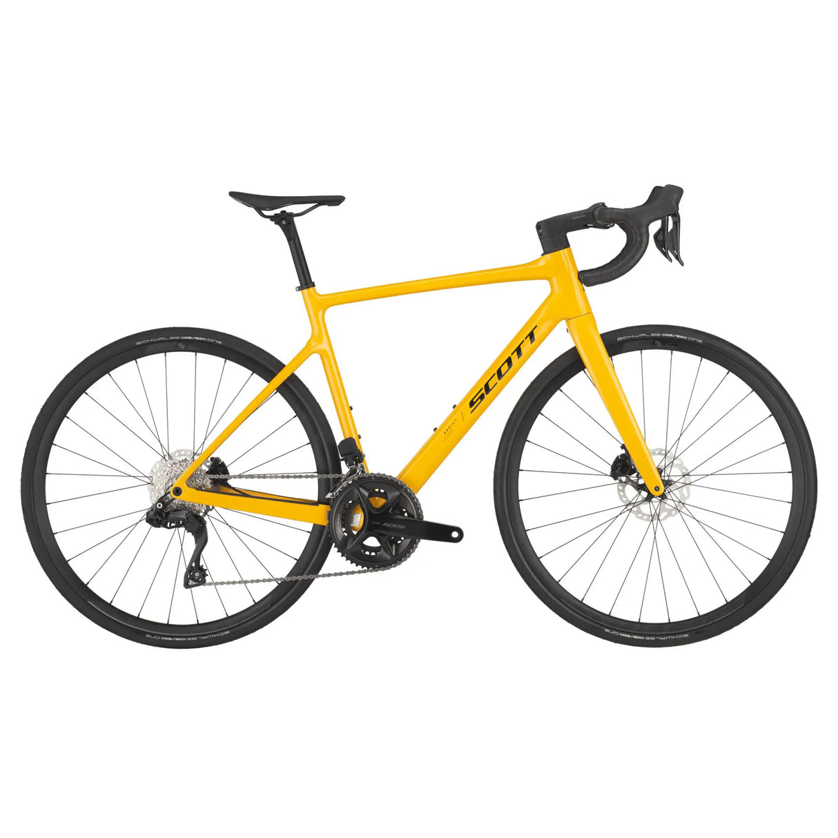 Scott Addict 40 Road Bike in vibrant yellow, featuring a lightweight carbon frame, Shimano groupset, and disc brakes for an optimal road cycling experience.