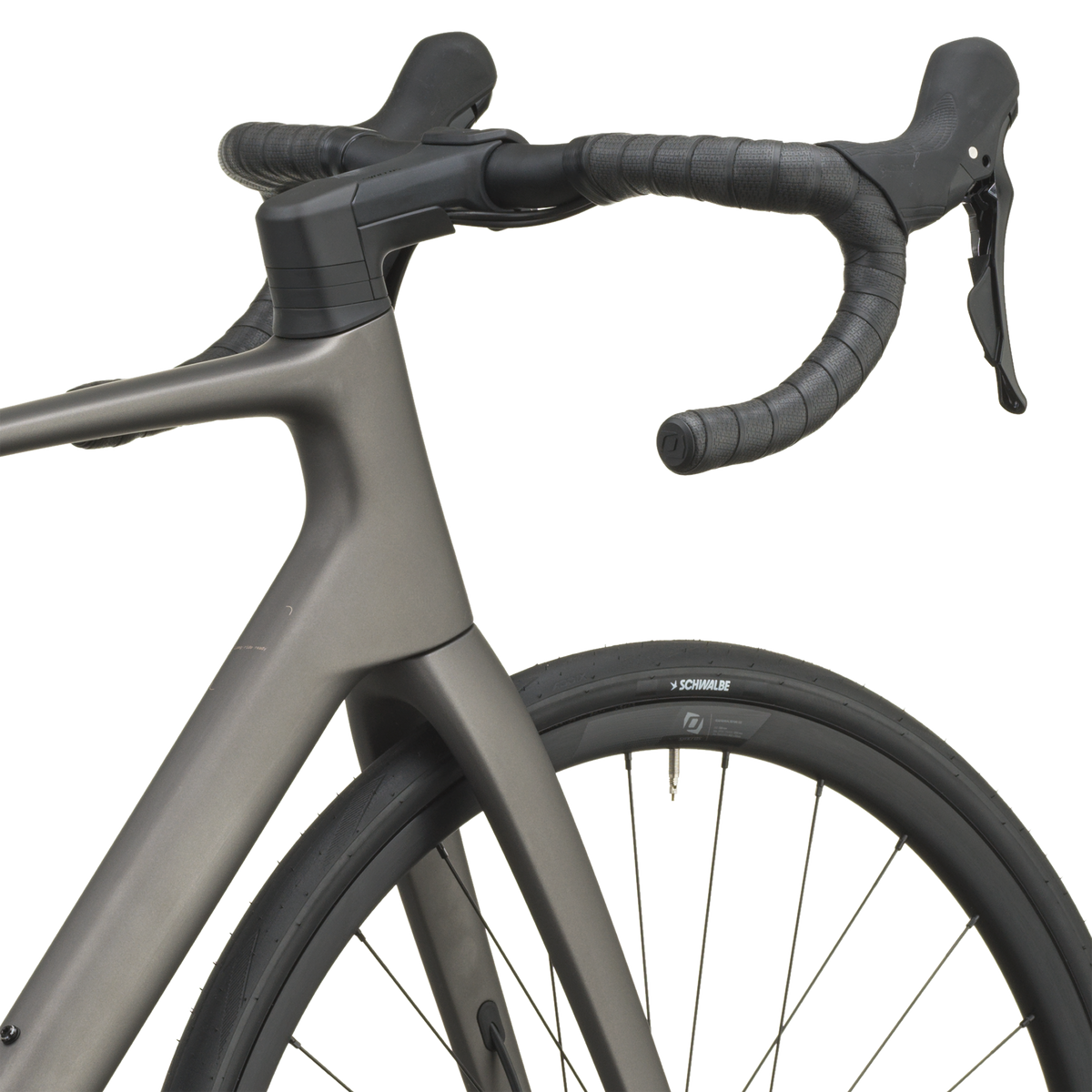 Tungsten grey Scott Addict 50 road bike from a front three-quarter angle with the SCOTT logo on the down tube.