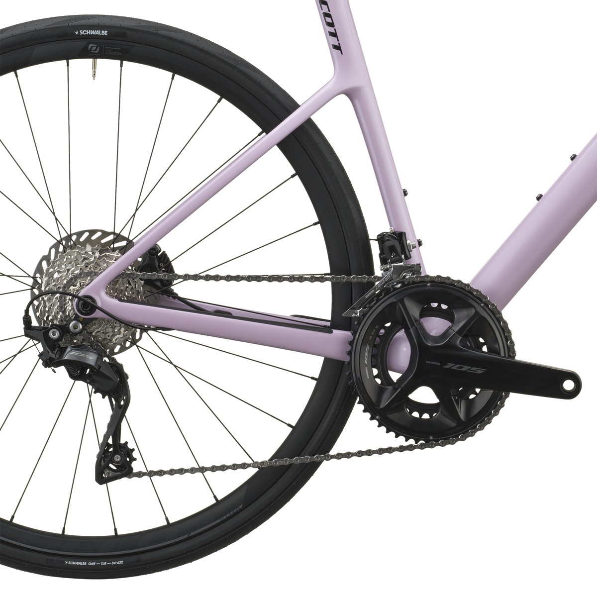 Shimano 105 rear derailleur and cassette on the mallow pink Scott Addict 50, with Syncros RP2.0 wheel.
