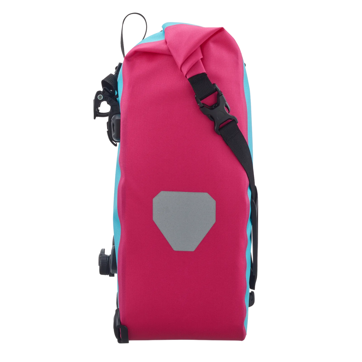Cyber pink waterproof pannier bag with black strap and reflective gray patch on side.