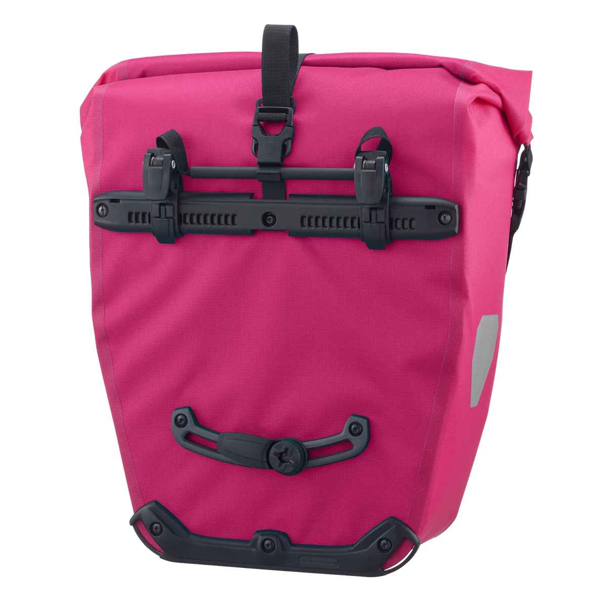 Cyber pink Ortlieb Back-Roller 20L pannier bag with black mounting hardware and reflective side patch.