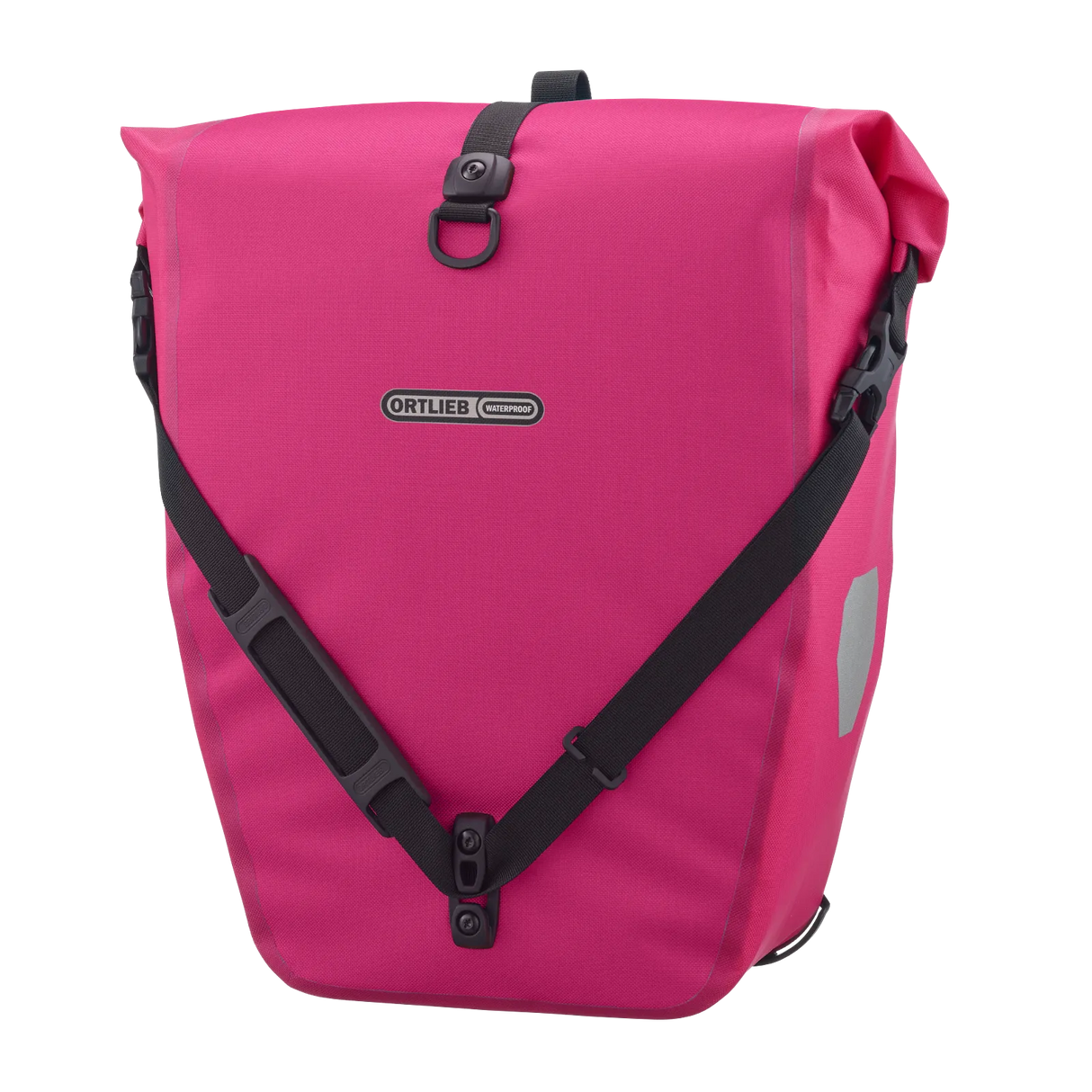Cyber pink waterproof Ortlieb Back-Roller 20L pannier bag with black adjustable straps and reflective side patch.
