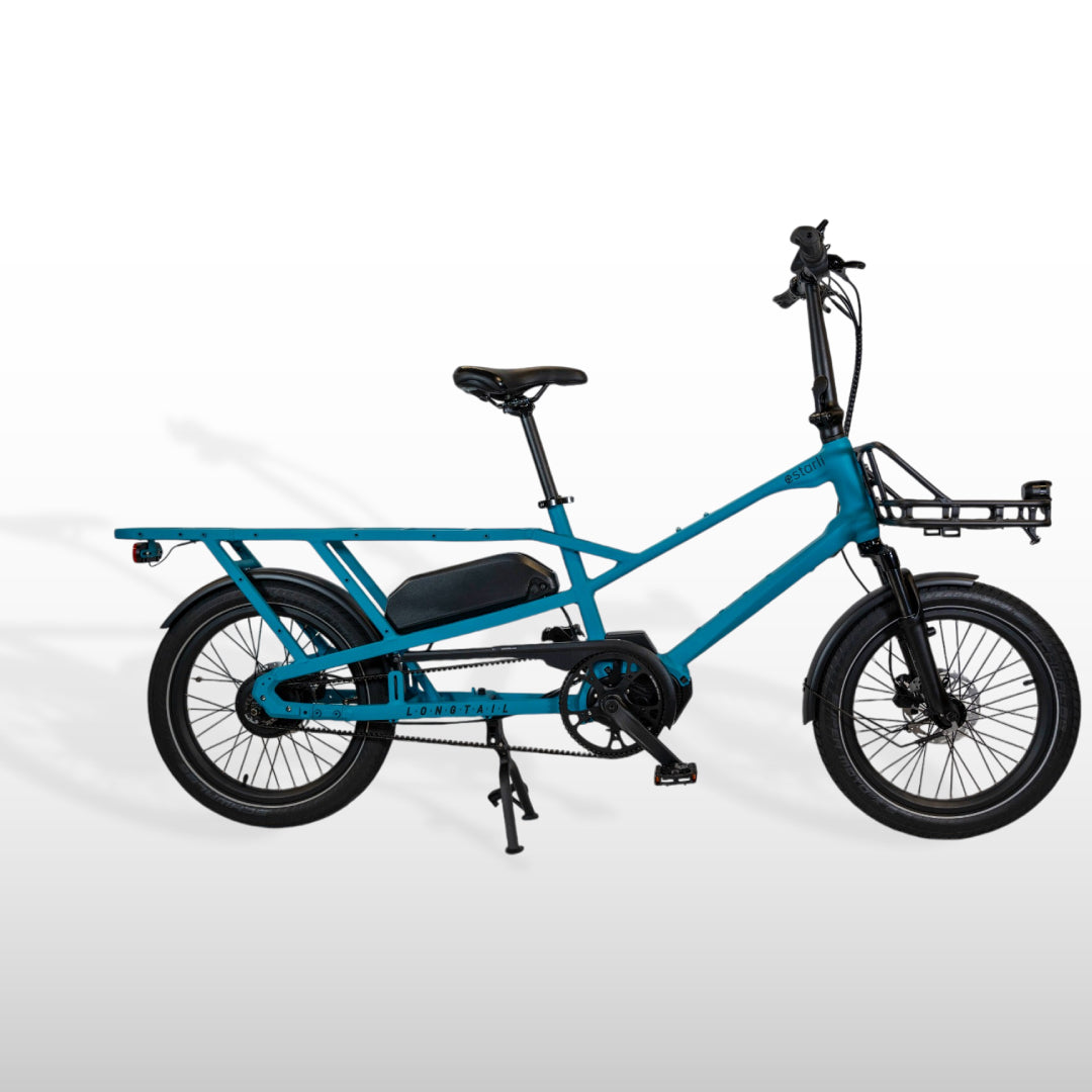 Blue estarli eCargo Longtail L20 E-Bike featuring a long rear rack and front basket mount, perfect for carrying passengers or goods.