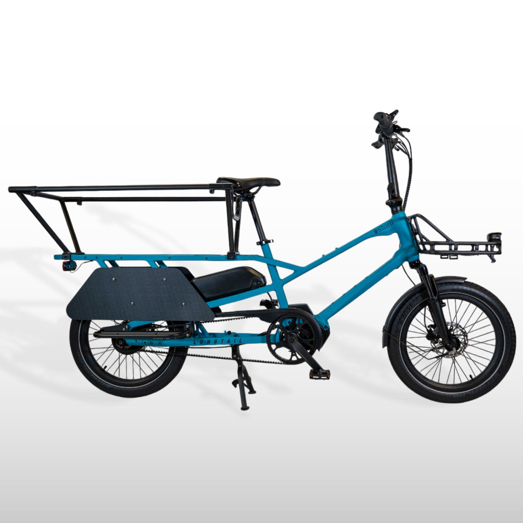 Blue estarli eCargo Longtail L20 E-Bike with rear cargo rails and side panels, ideal for family and cargo transport in urban settings.
