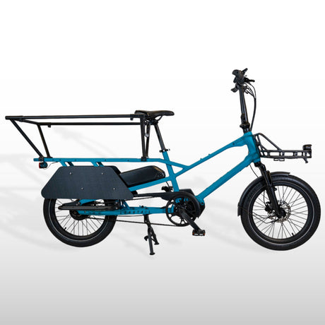 Blue estarli eCargo Longtail L20 E-Bike with rear cargo rails and side panels, ideal for family and cargo transport in urban settings.
