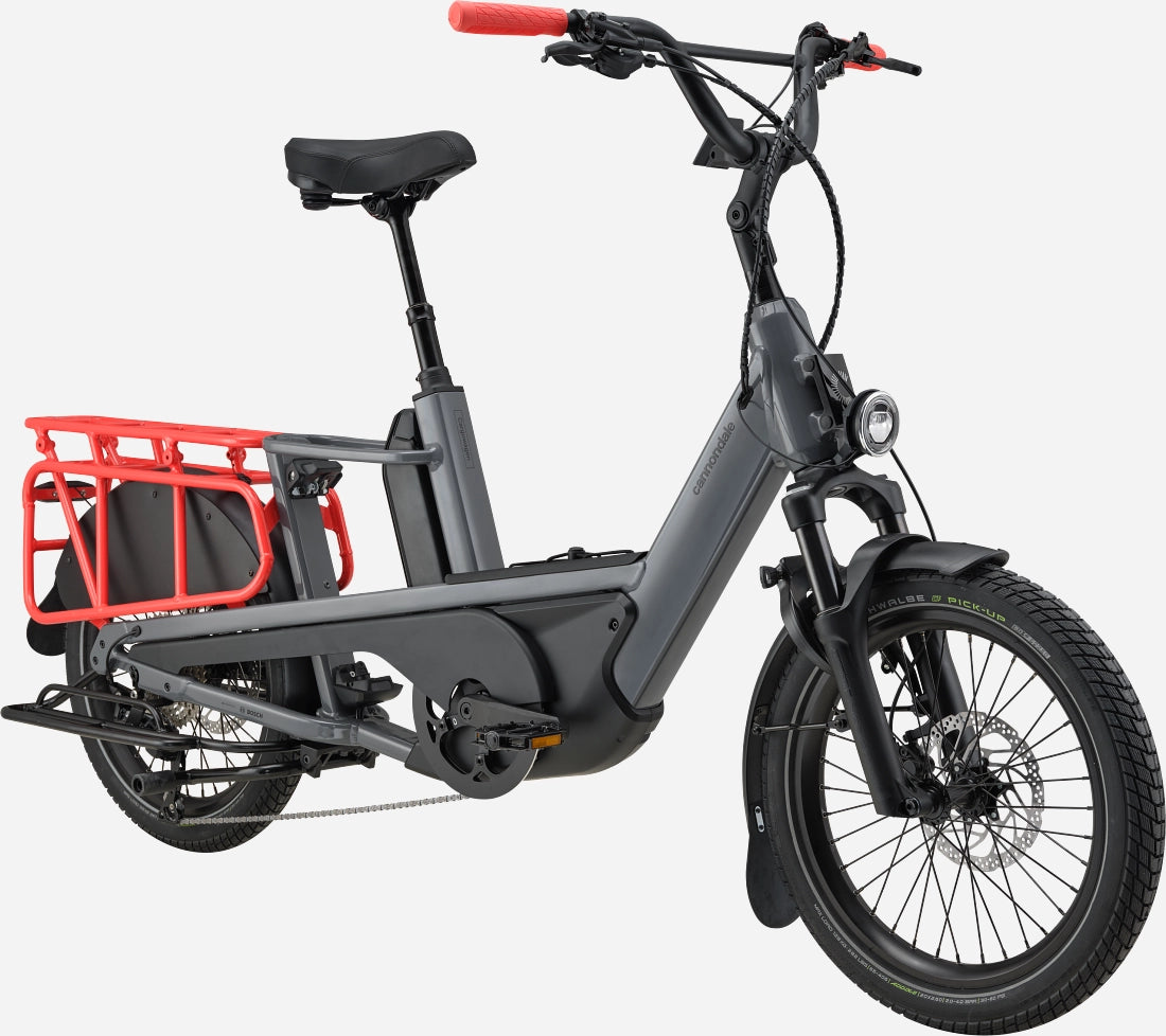 Front-side view of Cannondale Cargowagen Neo 2 Electric Cargo Bike showing integrated headlight, sturdy frame, and extended rear cargo rack.