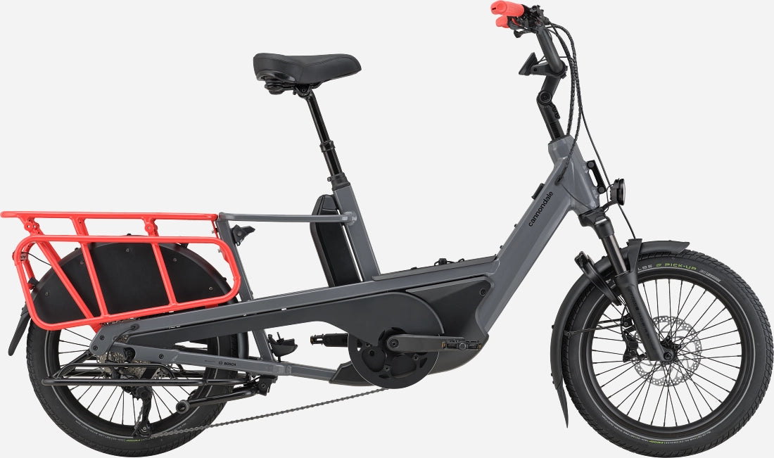 Cannondale Cargowagen Neo 2 Electric Cargo Bike in matte grey with red rear rack, ideal for urban transport and family cycling needs.
