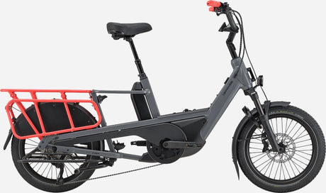 Cannondale Cargowagen Neo 2 Electric Cargo Bike in matte grey with red rear rack, ideal for urban transport and family cycling needs.