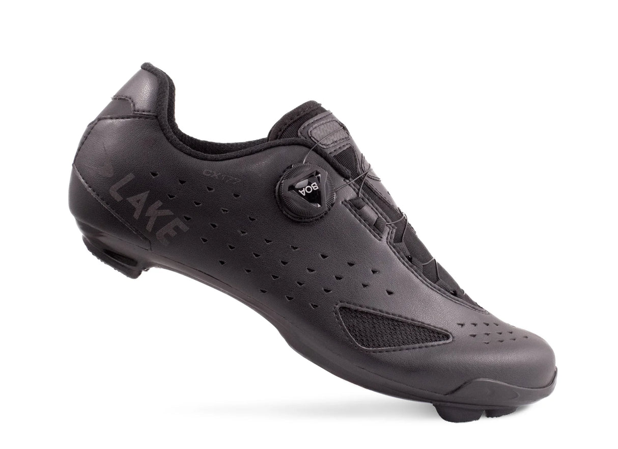 Lake CX177 Road Shoe in sleek black with BOA dial closure, ideal for high-performance road cycling. Lightweight and breathable design.