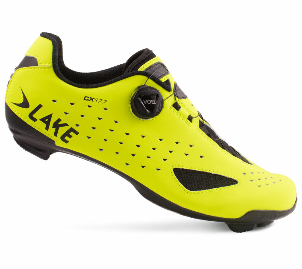 Lake CX177 Road Shoe in vibrant hi-vis yellow with BOA dial, designed for visibility and comfort in competitive cycling environments.