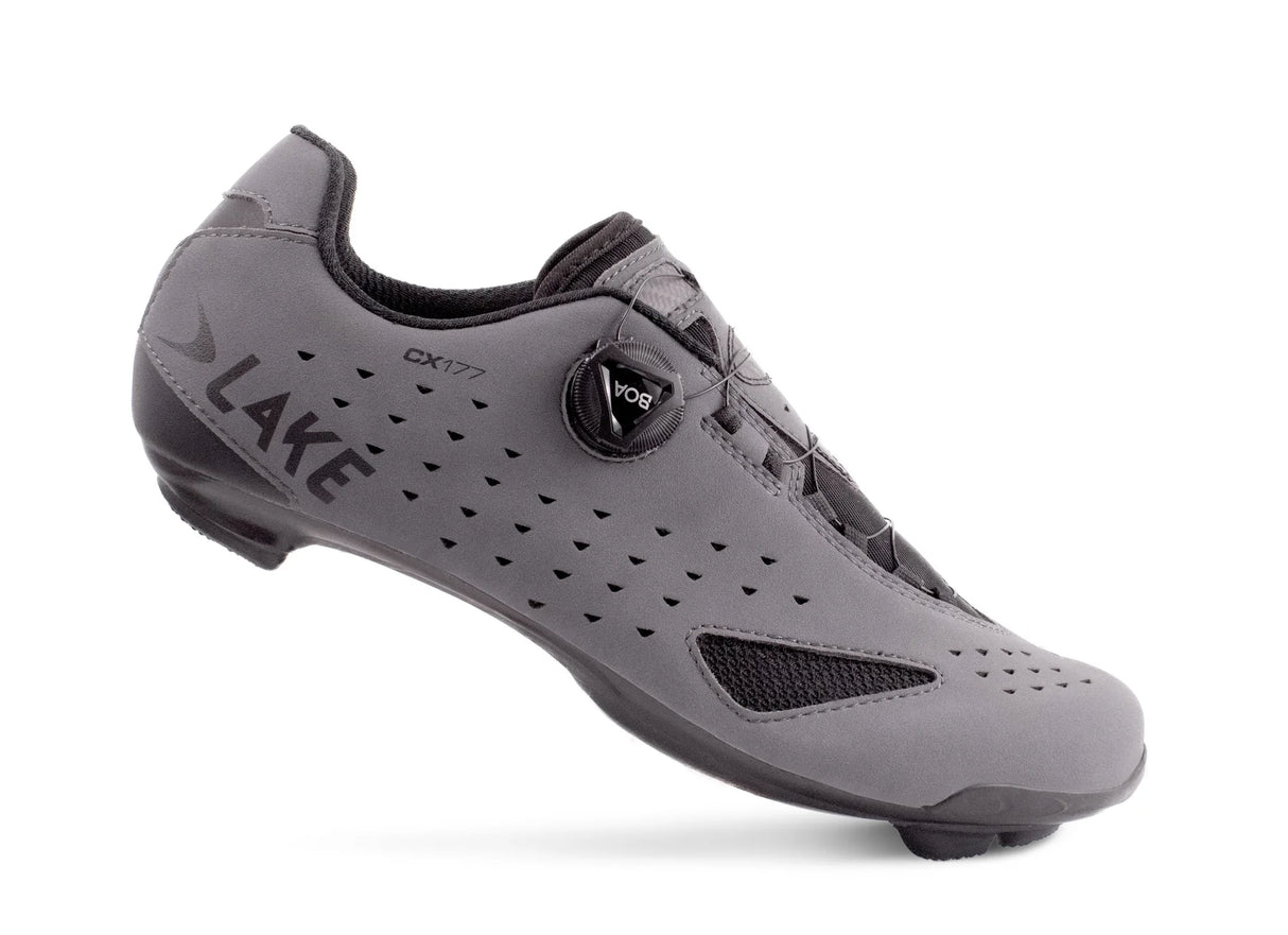 Lake CX177 Road Shoe in matte grey featuring BOA fit system and perforated upper for optimal airflow and road cycling performance.