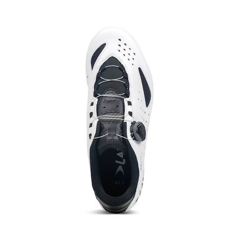 Top view of white Lake CX219 Road Shoe with black accents and BOA Fit System, offering a snug and adjustable fit for cyclists.