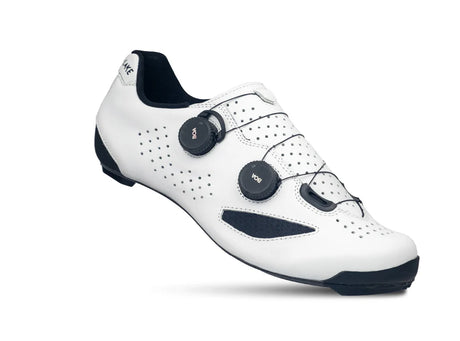 White cycling shoe with black accents on a white background