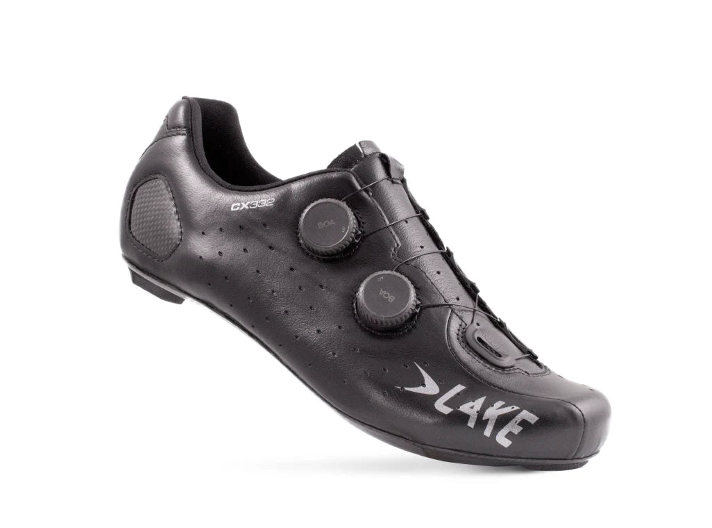 Black cycling shoe with 'Lake' branding on a white background