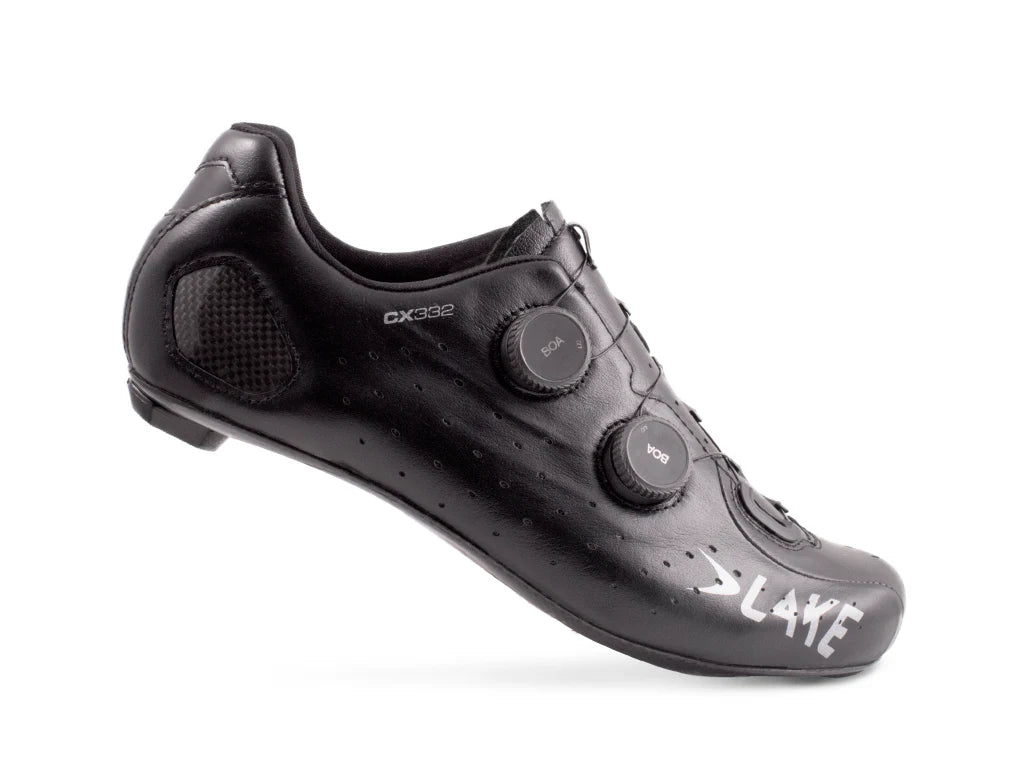 Black cycling shoe with 'Lake' branding on a white background
