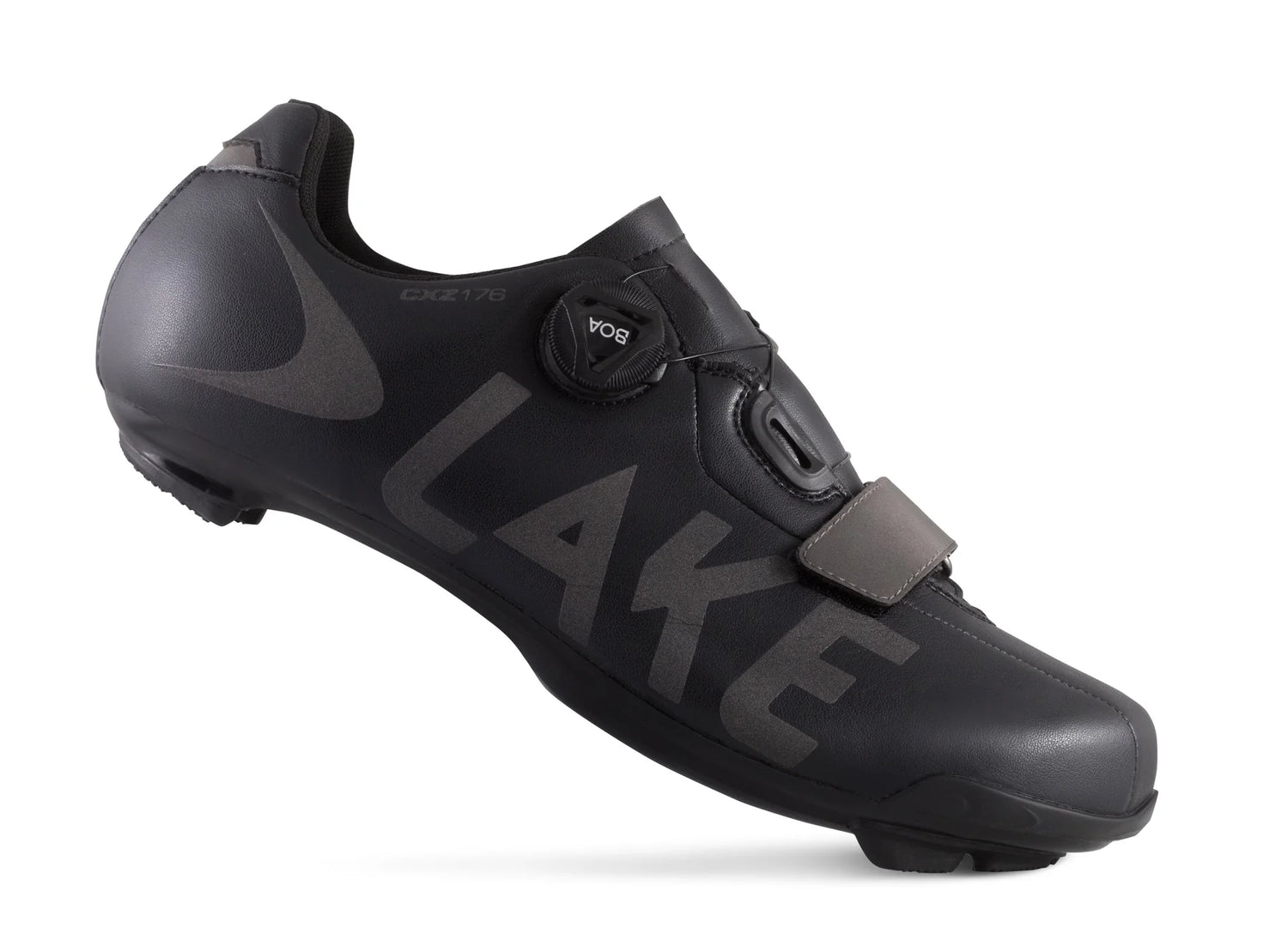 Side view of Lake CXZ176 Winter Road Shoe showing aerodynamic design and sealed upper for wind protection in winter rides.