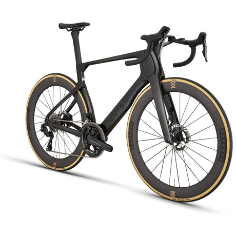 Angled rear view of black Cervélo S5 Dura-Ace Di2 Road Bike showcasing its integrated cockpit and aerodynamic tube shaping for racing efficiency.