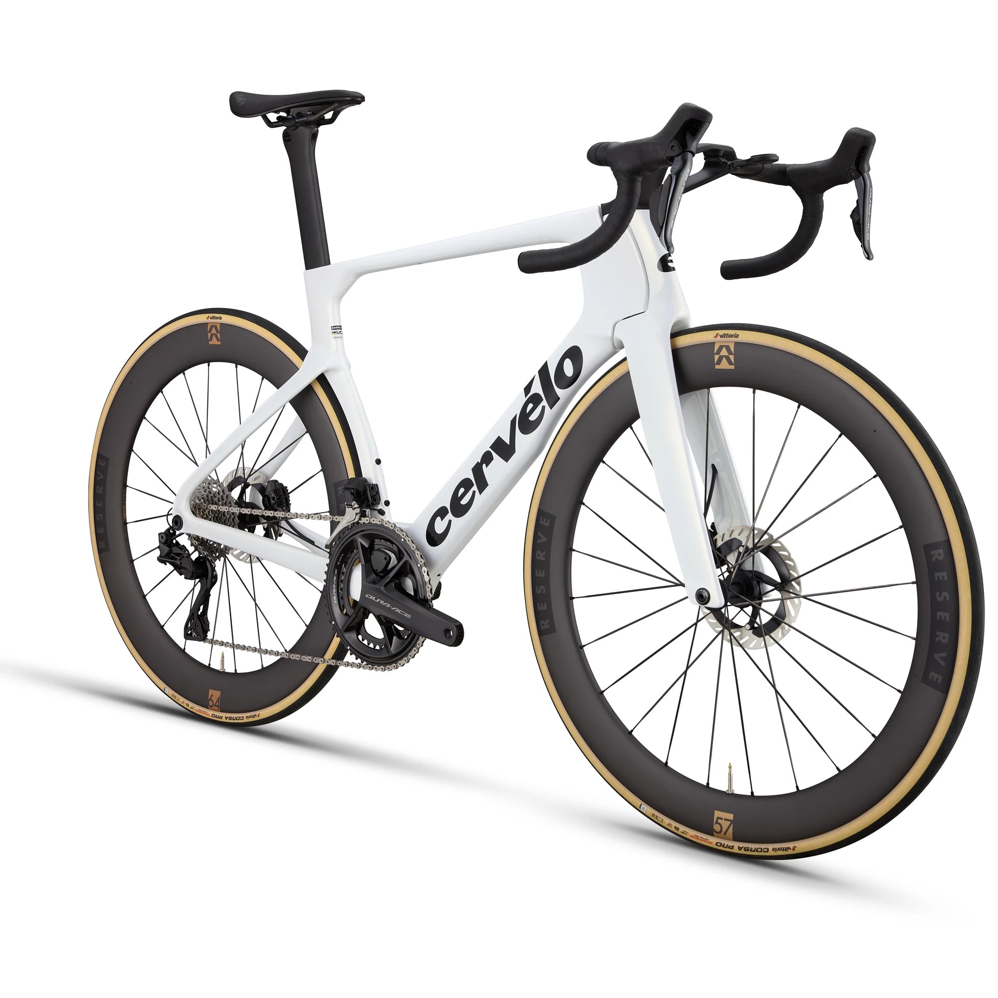 Rear angled view of white Cervélo S5 Dura-Ace Di2 Road Bike highlighting its aerodynamic seat stays and integrated drivetrain for optimal road performance.
