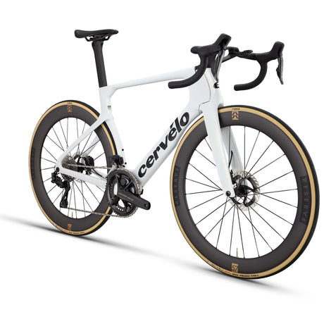 Rear angled view of white Cervélo S5 Dura-Ace Di2 Road Bike highlighting its aerodynamic seat stays and integrated drivetrain for optimal road performance.