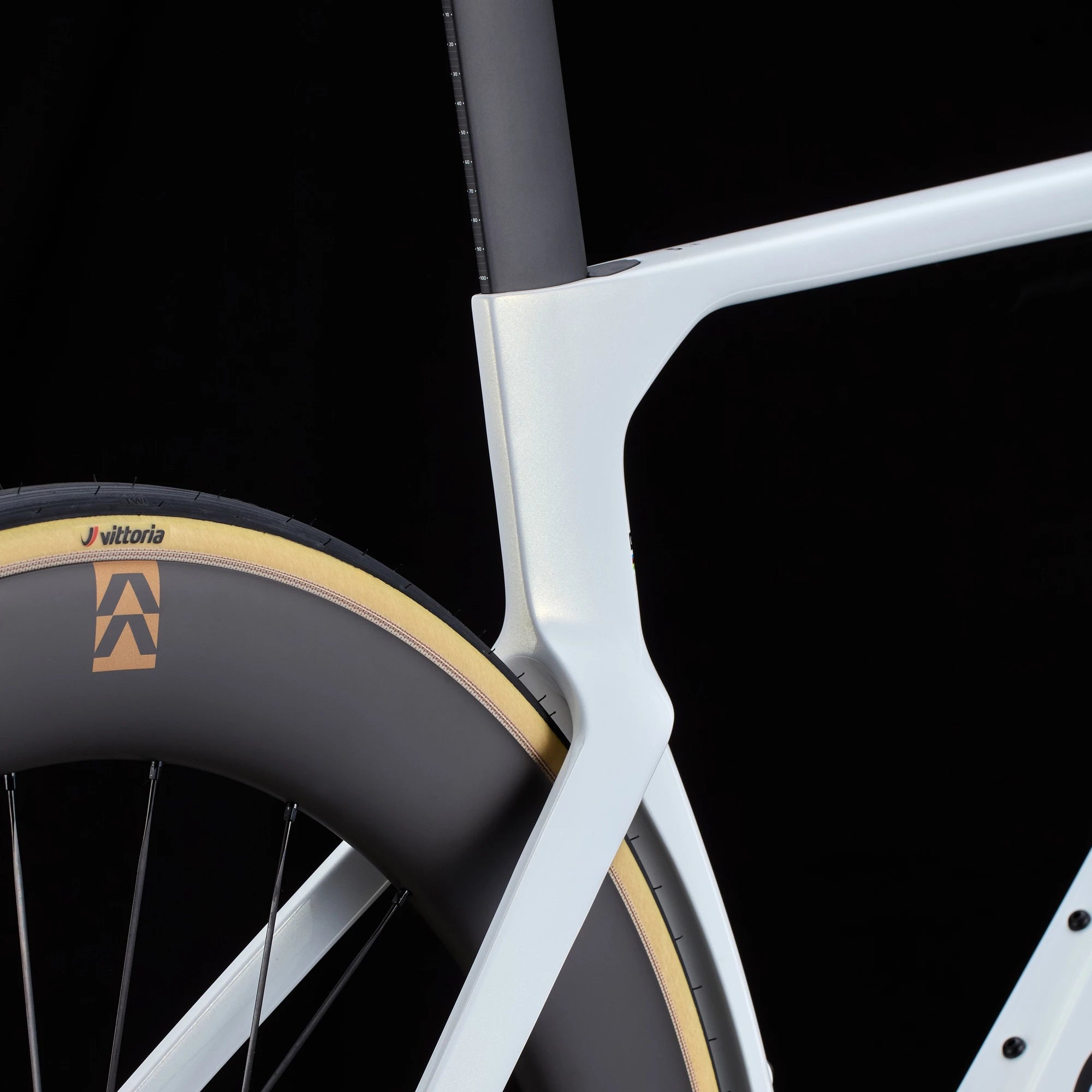 Close-up of white Cervélo S5 Dura-Ace Di2 Road Bike seat stay and rear wheel junction, showcasing aerodynamic frame design and Vittoria tire setup.