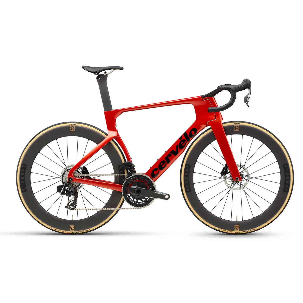 Cervélo S5 Force AXS Road Bike in red with high-performance carbon frame and deep aero wheels, built for elite road racing and speed.