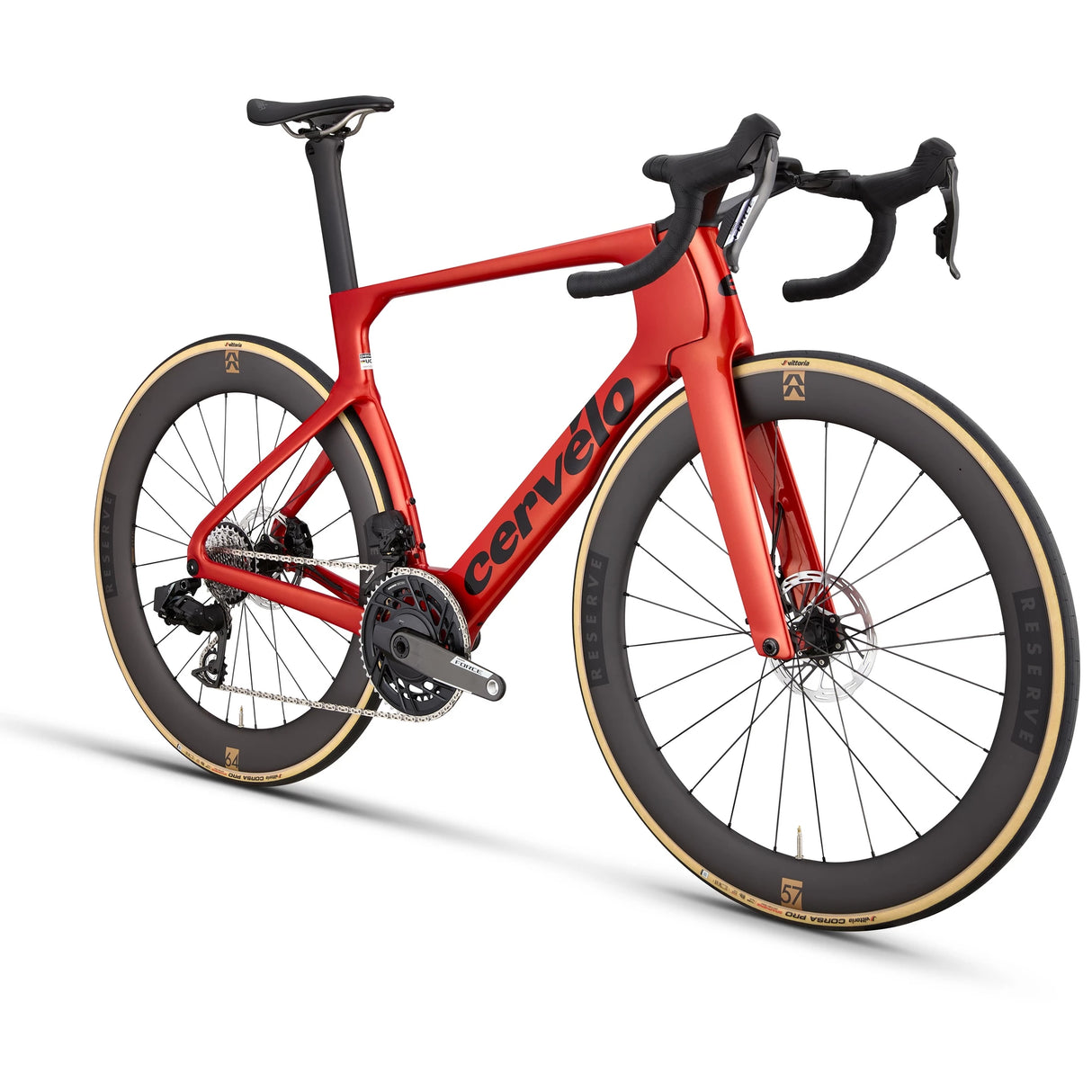 Rear angled view of the red Cervélo S5 Force AXS Road Bike highlighting its aerodynamic design, electronic shifting, and lightweight build.
