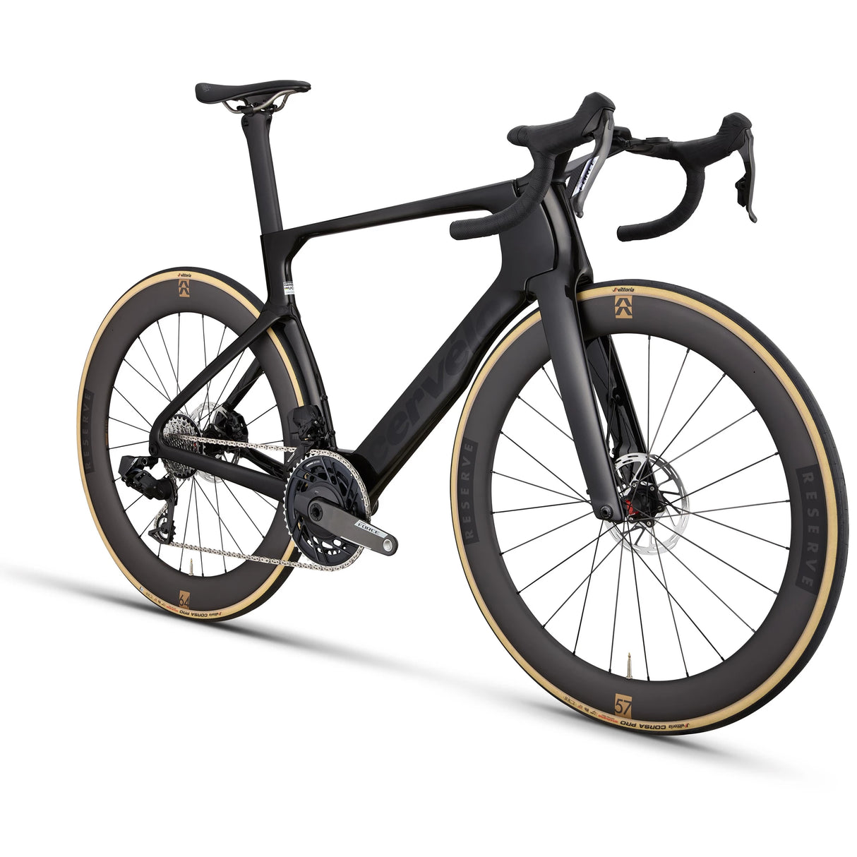 Rear angled view of the black Cervélo S5 Force AXS Road Bike showcasing its aerodynamic carbon frame and SRAM Force AXS drivetrain.