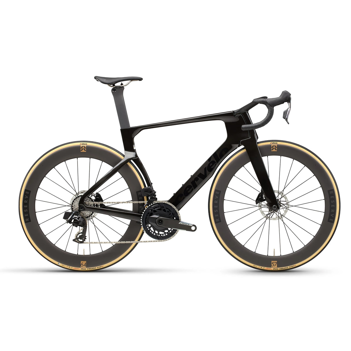 Cervélo S5 Force AXS Road Bike in black with deep-section Reserve wheels, designed for aerodynamic performance and speed in competitive cycling.