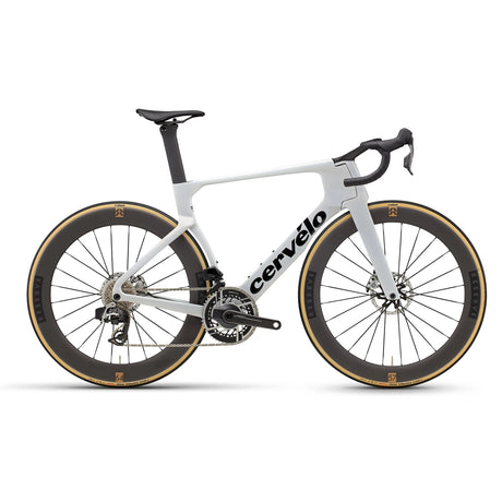 Cervélo S5 Red AXS Road Bike in white featuring lightweight carbon frame and deep carbon wheels for elite road cycling performance.