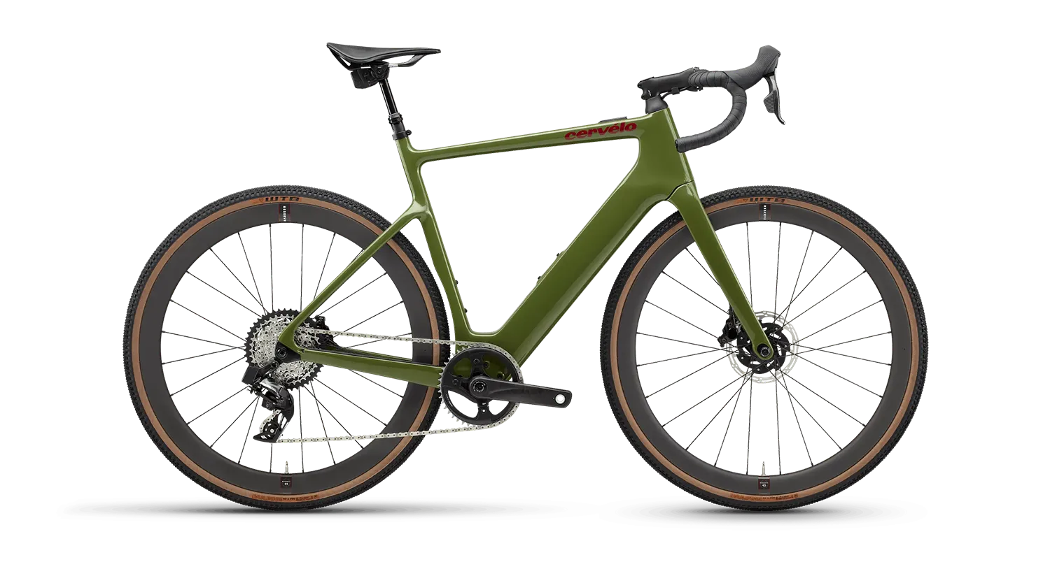 Cervélo Rouvida Force XPLR AXS 1 Gravel E-Bike in green with a lightweight carbon frame, drop handlebars, and rugged tires for off-road adventures.